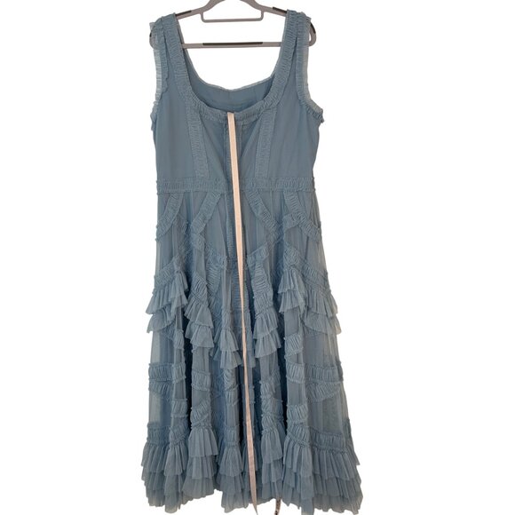 New Mac Duggal Size 14 Blue Ruffle Mesh Midi Dress RII10592 Wedding Guest - Picture 8 of 11